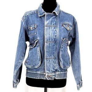 Vtg Mileage Denim Bomber Jacket Womens 12 Field Barn Military‎ Chore Pockets 80s